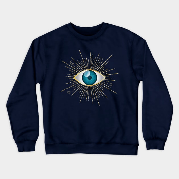 Aqua Blue Evil Eye Gold Eyelashes Sun Moon Star Nazar Mati Talisman Crewneck Sweatshirt by karenmcfarland13